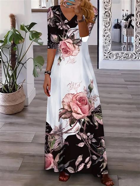 Floral Print 3 4 Sleeve Dress Casual V Neck Maxi Dress Temu