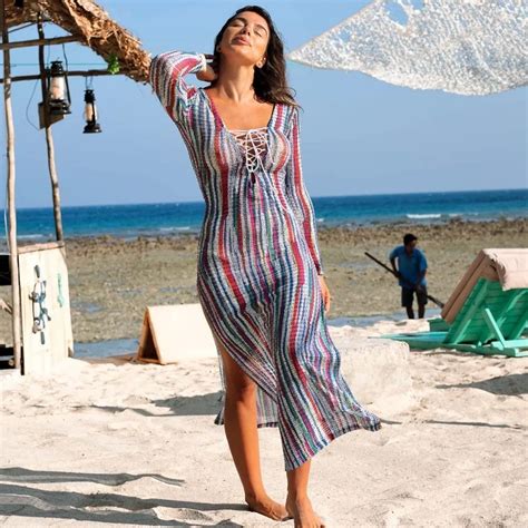 Women Beach Dress Bikini Cover Ups Knitting Beachwear Long Sleeve Beach