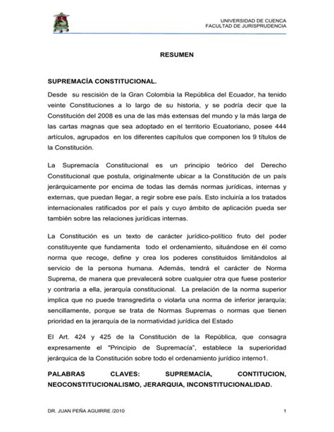 RESUMEN SUPREMACÍA CONSTITUCIONAL Desde su rescisión