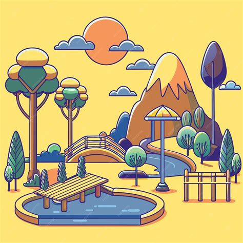 A cartoon illustration of a park with a mountain in the background ...