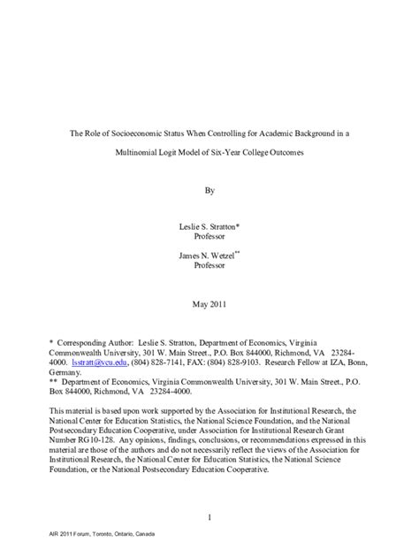 Fillable Online The Role Of Socioeconomic Status When Controlling For