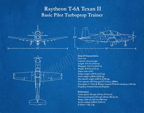 T-6A Texan II Print, Raytheon Hawker Beechcraft T-6A Texan ii Blueprint ...