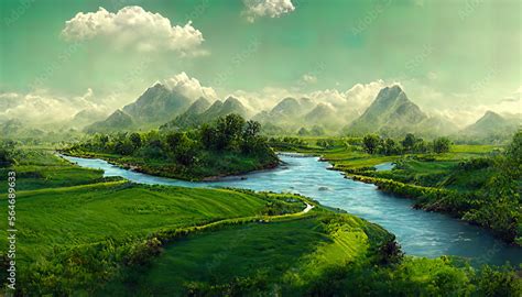 beautiful calm nature landscape background, flowing river Stock ...