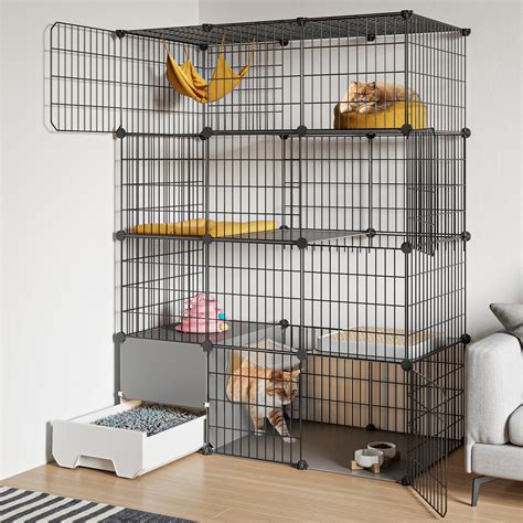 Oneluck Cat Cage with Litter Box,4-Tier DIY Cat Enclosures Large Playpen Detachable Metal Wire ...