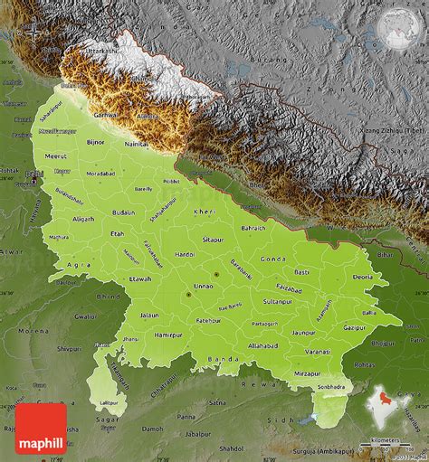 Physical Map Of Uttar Pradesh Darken