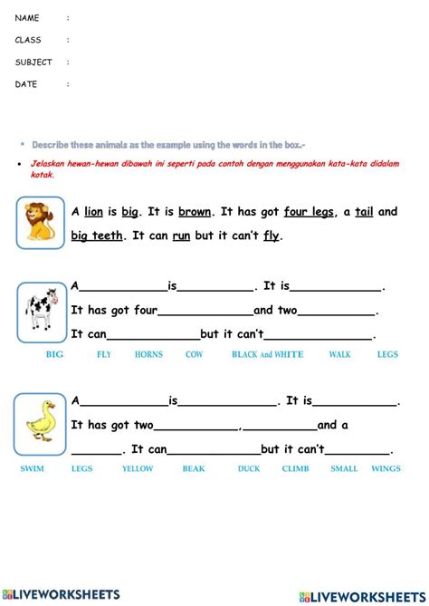 Describing Animal Worksheet Live Worksheets