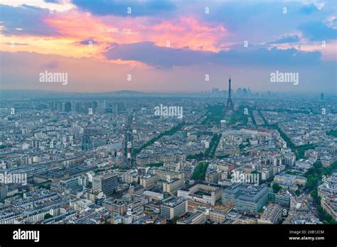 Paris France High Angle View Sunset City Skyline At Eiffel Tower View