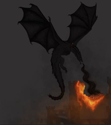 A Black Dragon Flying Through The Air Next To A Building