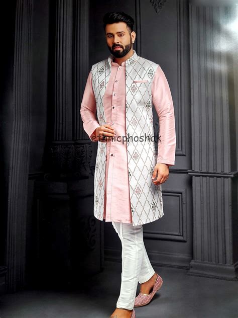 Kurta Pajama Longjacket Jacket For Men Set Of Silk Kurta Pajama