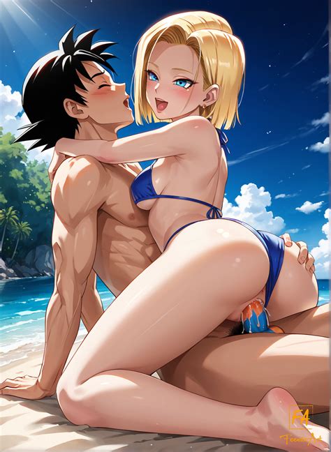 Rule 34 1boy1girl Ai Generated Android 18 Beach Sex Black Hair Blonde Hair Blue Eyes Dragon