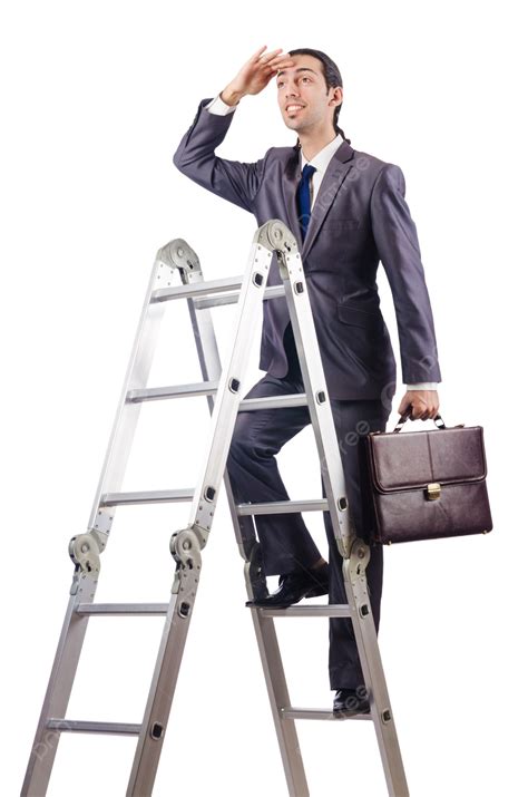 Businessman Climbing Career Ladder On White Worker Suit Step