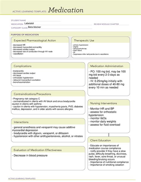 Labetalol Active Learning Templates Medication Student Name