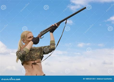 Attractive Hunter Aiming Up With Hunting Double Barreled Rifle Stock