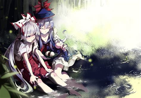 Girls Barefoot Bow Food Fujiwara No Mokou Hat Kamishirasawa Keine Long