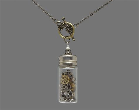 Time In A Bottle Vintage Glass Vial Necklace With Genuine Pearl Watch Gears And A Skeleton Key