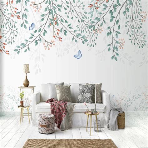 Custom Wallpaper Mural Nordic Style Leaf Plant Butterfly Bvm Home