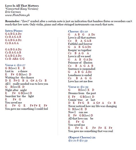 Love Is All That Matters - Eric Carmen | Music Letter Notation with Lyrics for Flute, Violin ...