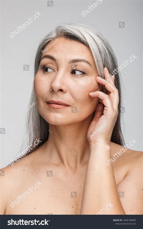 Beauty Portrait Attractive Smiling Mature Topless Woman Long Gray Hair Standing Isolated Over