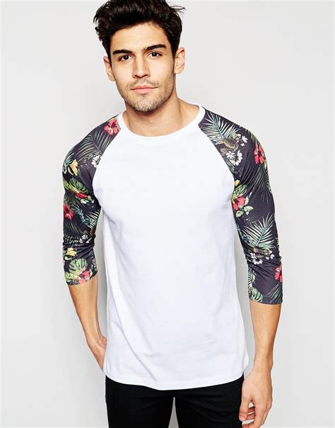 Asos 3 4 Sleeve T Shirt With Floral Print Sleeves Black For Men Lyst