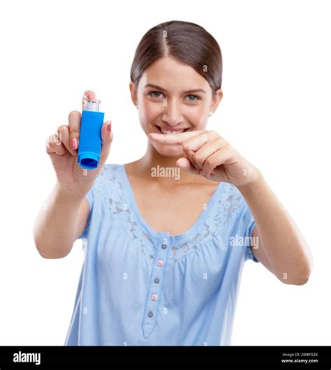 Woman Asthma Pump And Smile Pointing Inhaler For Medical Solution