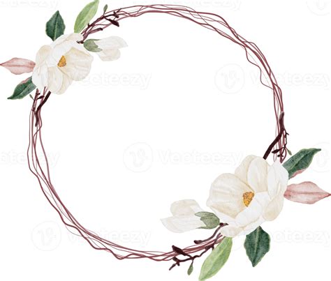 Watercolor White Magnolia Flower And Leaf Bouquet Clipart Wreath Frame