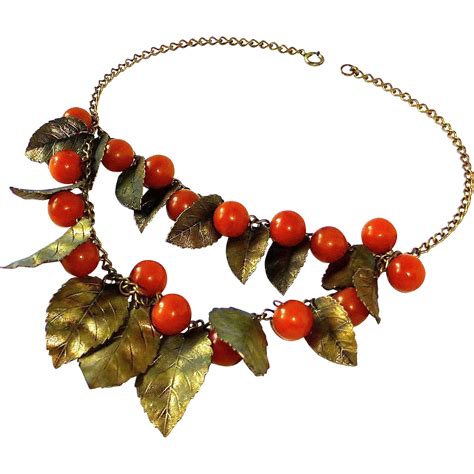 Bakelite Berries Brass Leaves Double Tier Necklace From Bejewelled On Ruby Lane