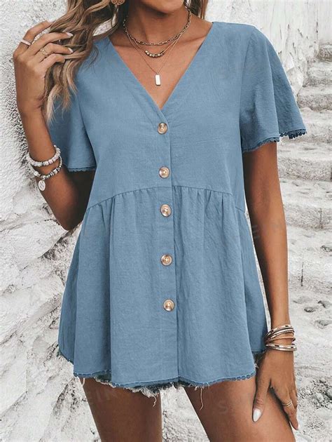 Shein Lune Summer Casual Button Placket V Neck Shirt With Ruffle