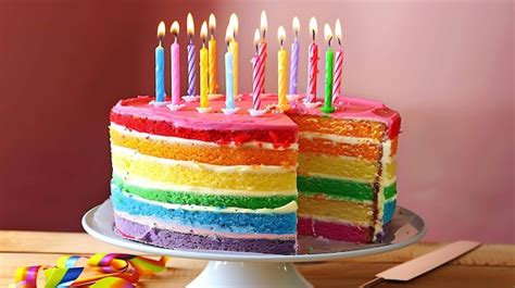 Premium Photo | Rainbow birthday cake with candles on white cake stand ...