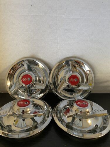 4 3 Bar Fluted Spinners Center Caps For Chevy Rally Wheels 7 Red Flags Logo Ebay