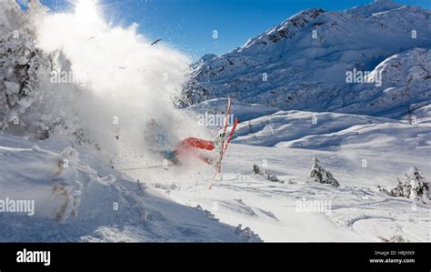 Dangerous Accident Of Skier Jumping In The Air Concept Of Risk And