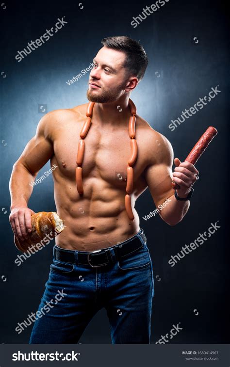 Bodybuilder Naked Torso Smoked Sausage One Stock Photo Edit Now 1680414967