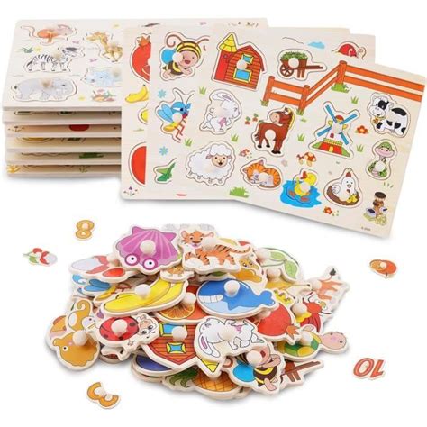 Puzzles en Bois à Bouton pour Les Tout Petits de 2 à 4 Ans 6 Pièces