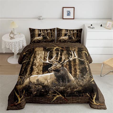 Rustic Deer Comforter Set For Cabin Lodge Vintage Elk Moose Antlers