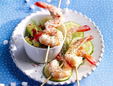 Shrimp And Cucumber Skewers On A White Plate With Blue Polka Dot Tablecloth