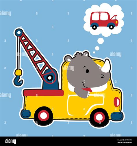 Cute Rhino Driving Tow Truck With Broken Car Vector Cartoon