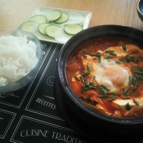 Korean food photo: Spicy soft tofu stew for lunch! on Maangchi.com