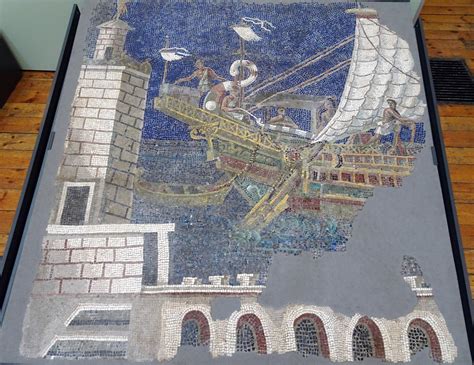 Roman mosaic of a ship and lighthouse located in Sofia Archaeology