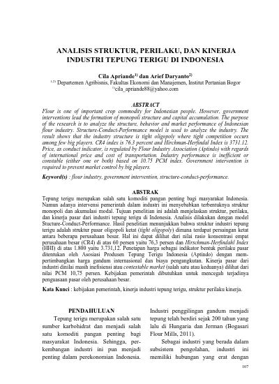 Analisis Struktur Perilaku Dan Kinerja Industri Tepung Terigu Di