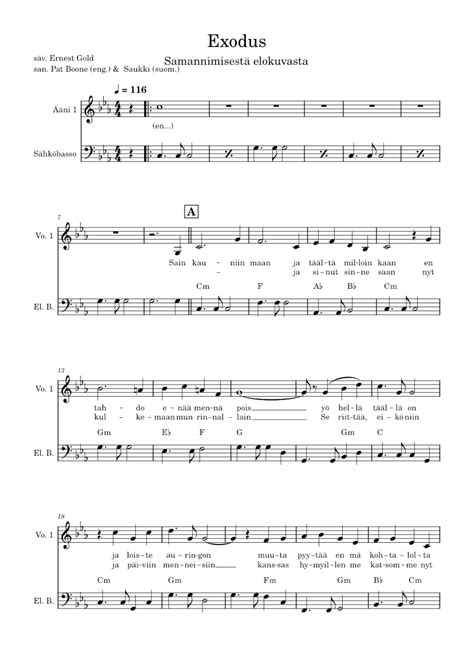 EXODUS Ernest Gold Exodus BAND Sheet Music For Bass Guitar