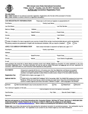 Fillable Online Lionsclubs Alpha Leo Convention Registration Form