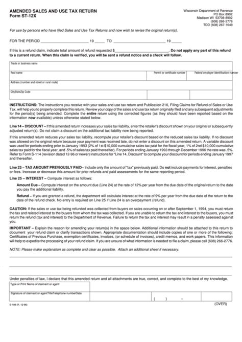 Fillable Form St 12x Amended Sales And Use Tax Return Wisconsin Department Of Revenue