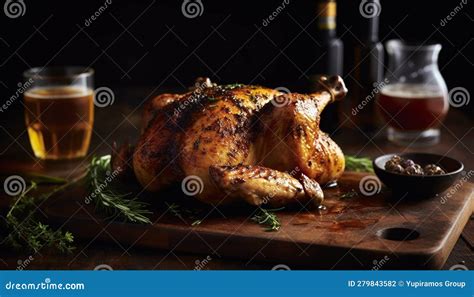 Organic Roast Chicken With Grilled Vegetables Wine And Refreshment