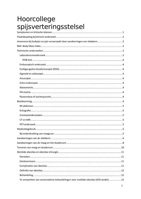 Samenvatting Hc Spijsverteringsstelsel Hoorcollege Symptomen En