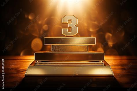 Gold trophy for third place. The number three is on a golden pedestal ...