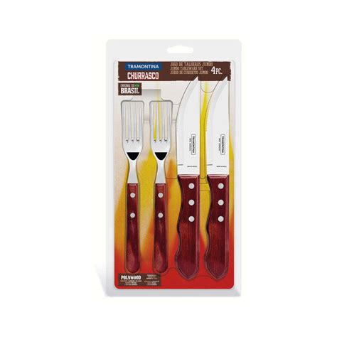 4pc Tramontina Jumbo Steak Red Polywood Knife And Fork Set Bbq Cutlery