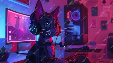 Premium Photo A Cat With Headphones On And A Purple Background