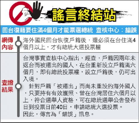 謠言終結站》回台復籍要住滿4個月才能票選總統 查核中心︰錯誤 政治 自由時報電子報