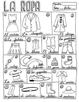 La ropa Spanish clothing vocabulary chart poster no prep printable