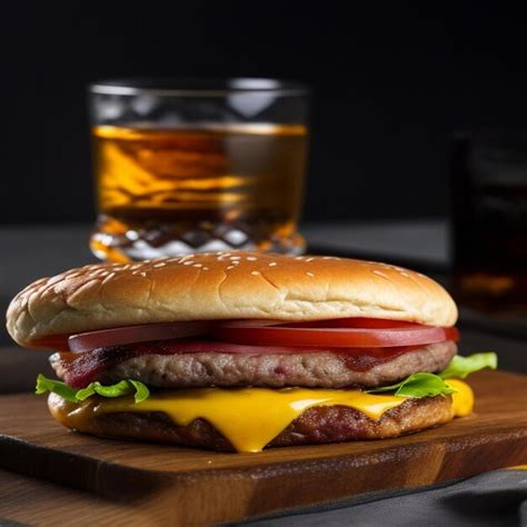 Una Deliciosa Hamburguesa De Carne Triple Con Un Vaso De Whisky Foto