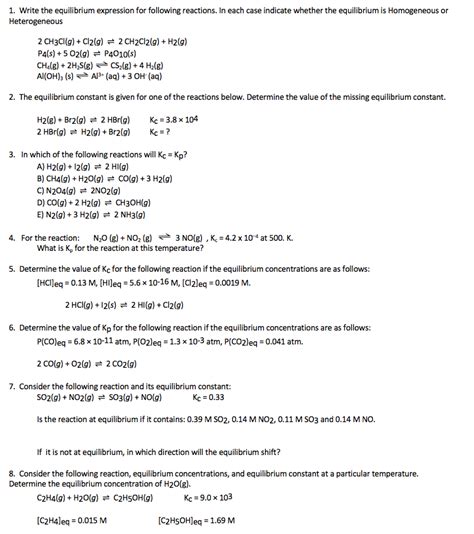 Solved 1. Write the equilibrium expression for following | Chegg.com 
